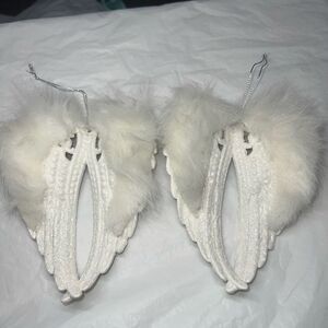 Elegance Set of Two Angel Wings Ornament White With Fur/Feathers & Glitter 6” Ta
